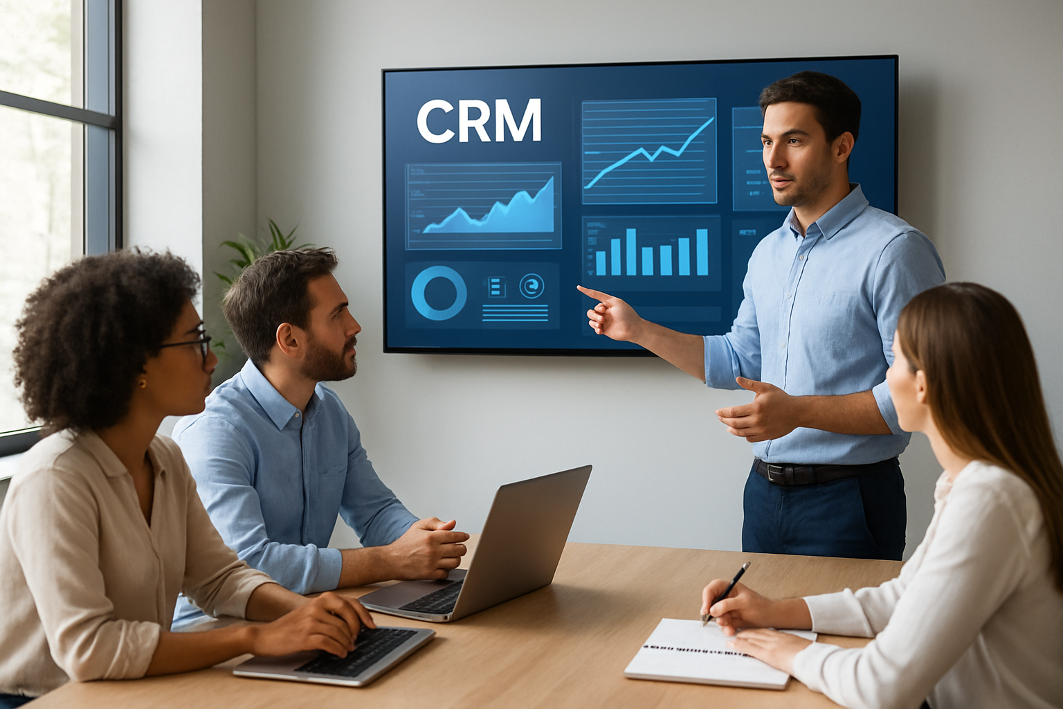 Equipe recebendo treinamento de CRM com dashboards e IA para aumentar vendas