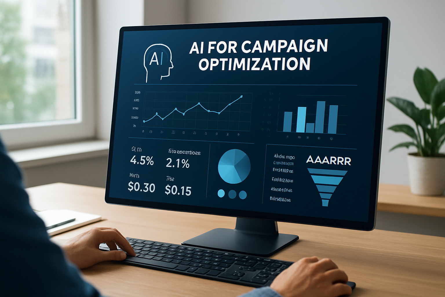Painel de controle com indicadores de IA para otimização de campanhas e métricas AAARRR