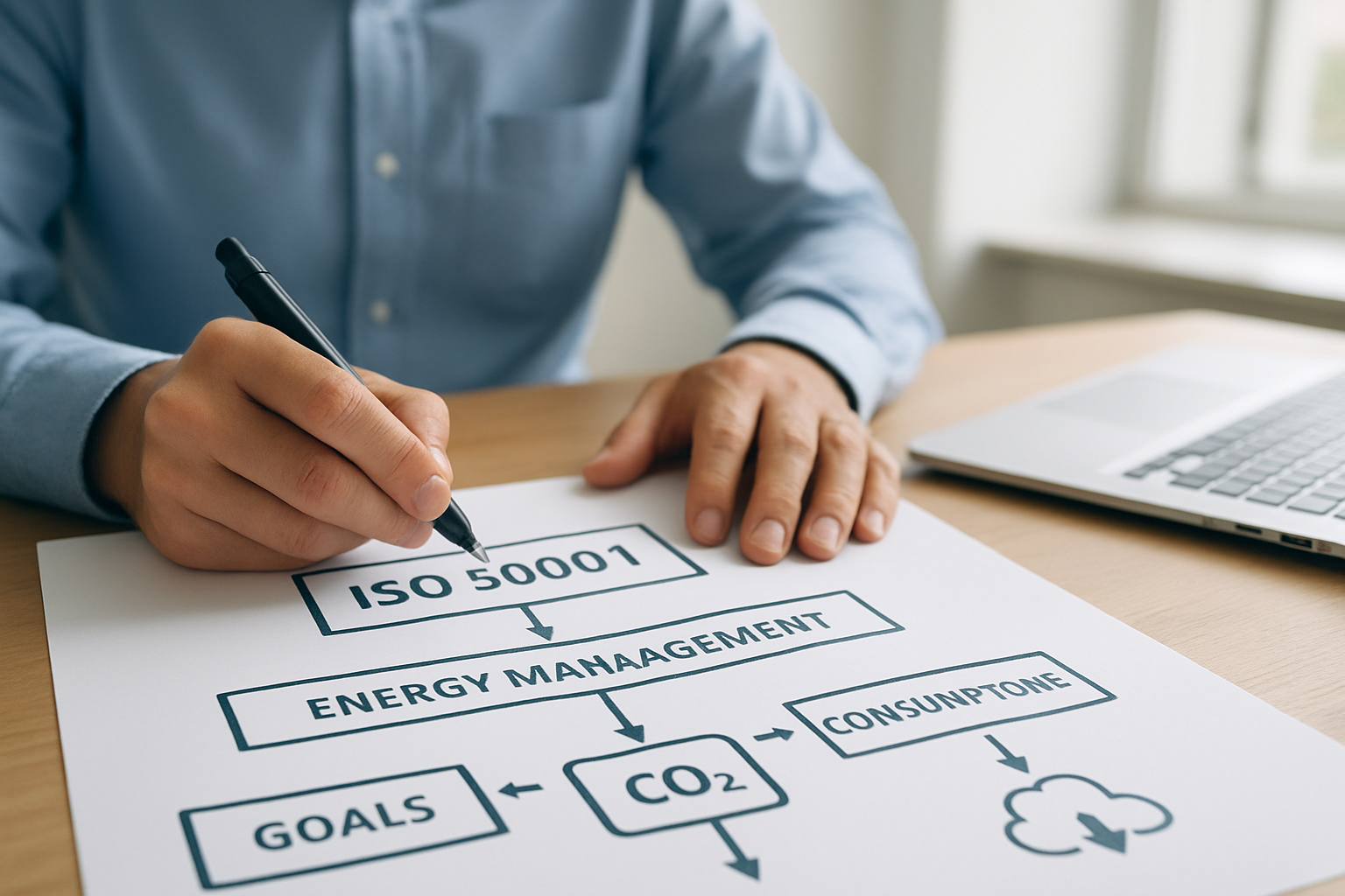 Fluxograma de implementação ISO 50001 com metas de consumo e redução de CO2