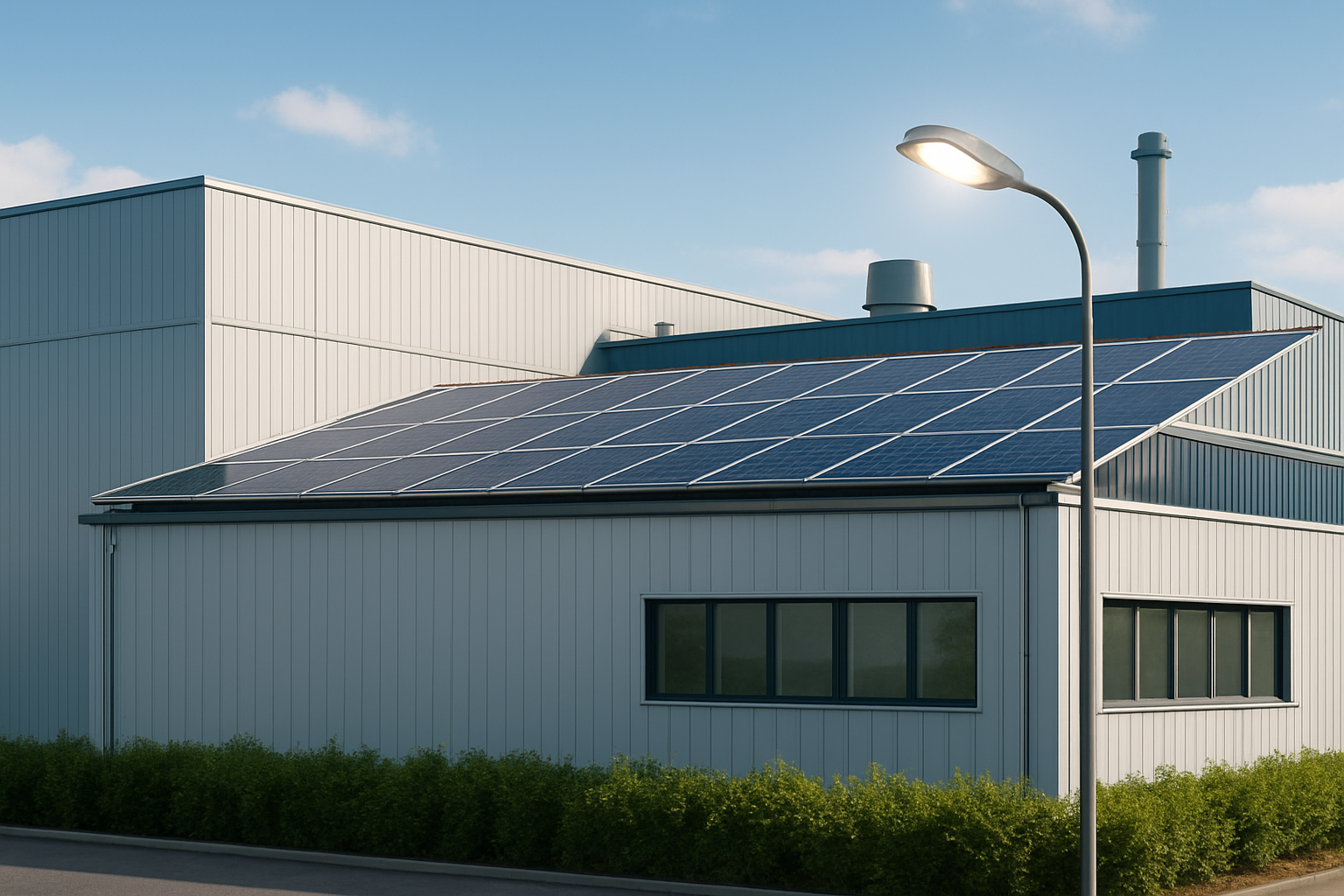 fábrica modernizada com medidas de eficiência e retrofit energético mostrando painéis solares e iluminação eficiente