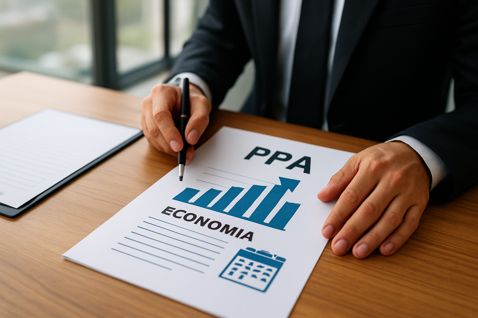 gráfico de estrutura de contrato de compra e venda de energia (PPA) destacando economia e prazo
