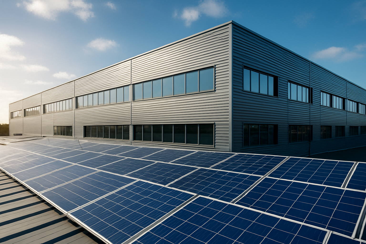 Fachada industrial com painel solar instalado em projeto de energia solar corporativa 2026 | projetos de energia solar corpor