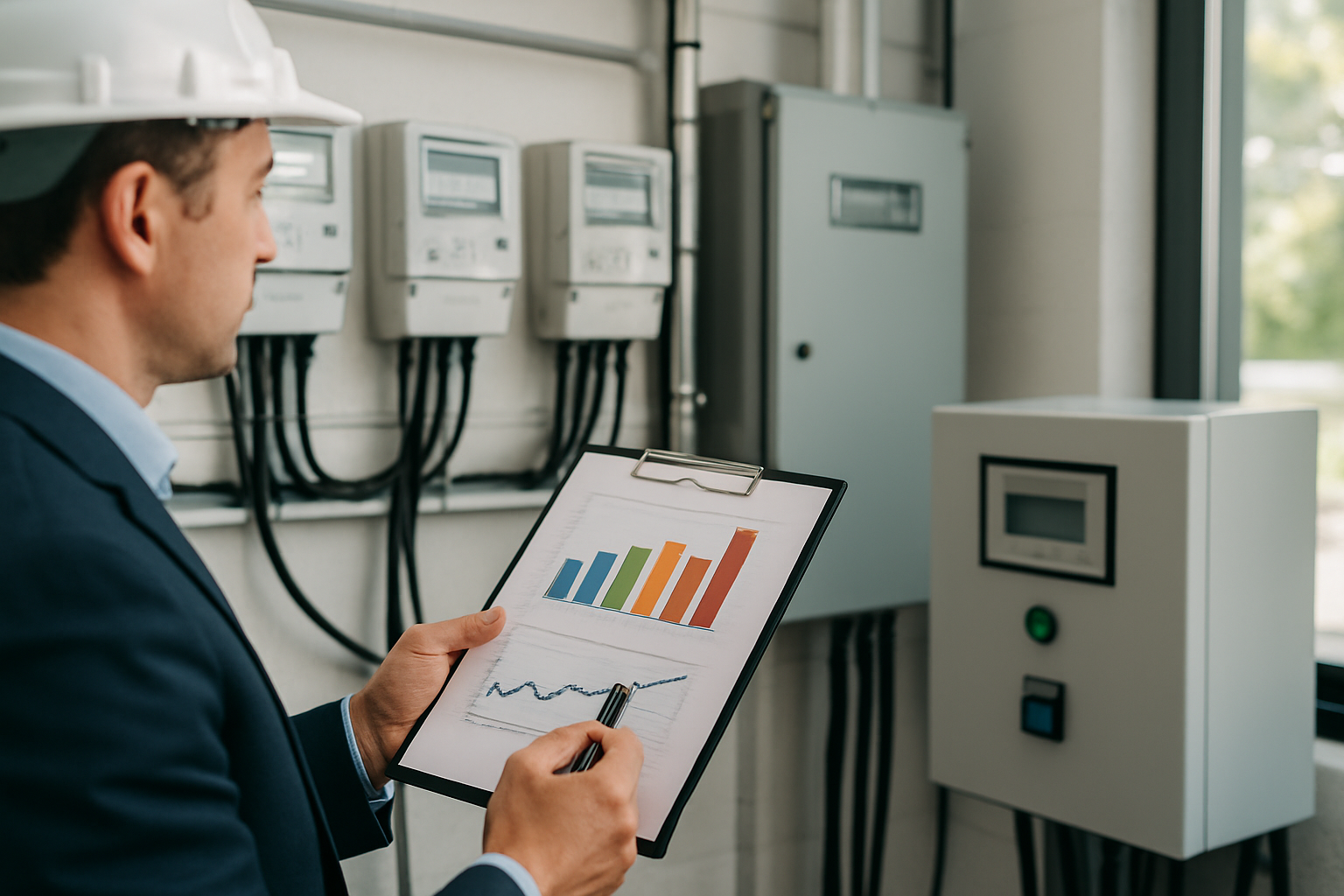 planta comercial com medidores e gráficos para auditoria de energia comercial 2026
