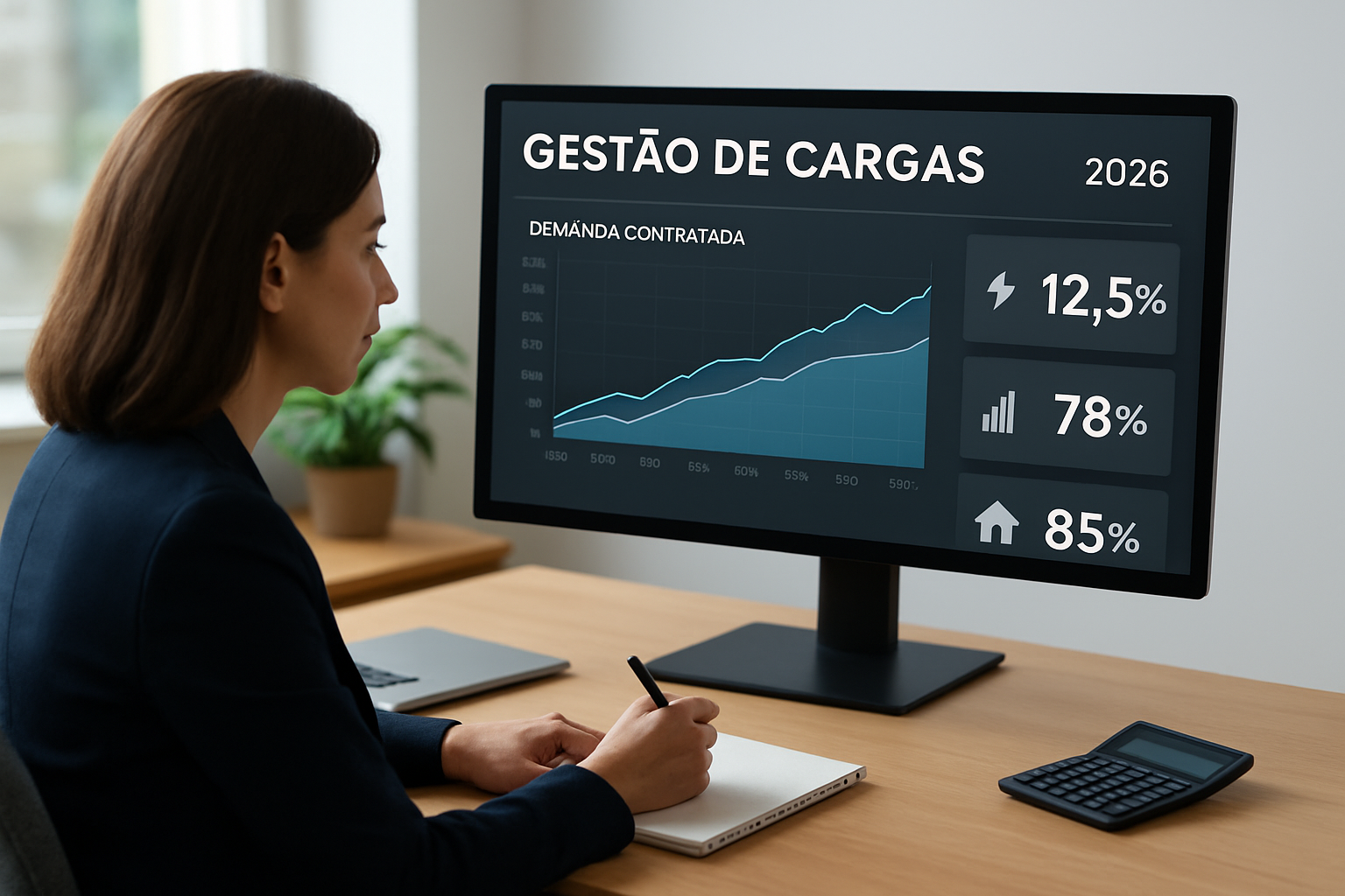 Painel de gestão de cargas com gráfico de demanda contratada e indicadores de eficiência energética 2026 | gestão de cargas e