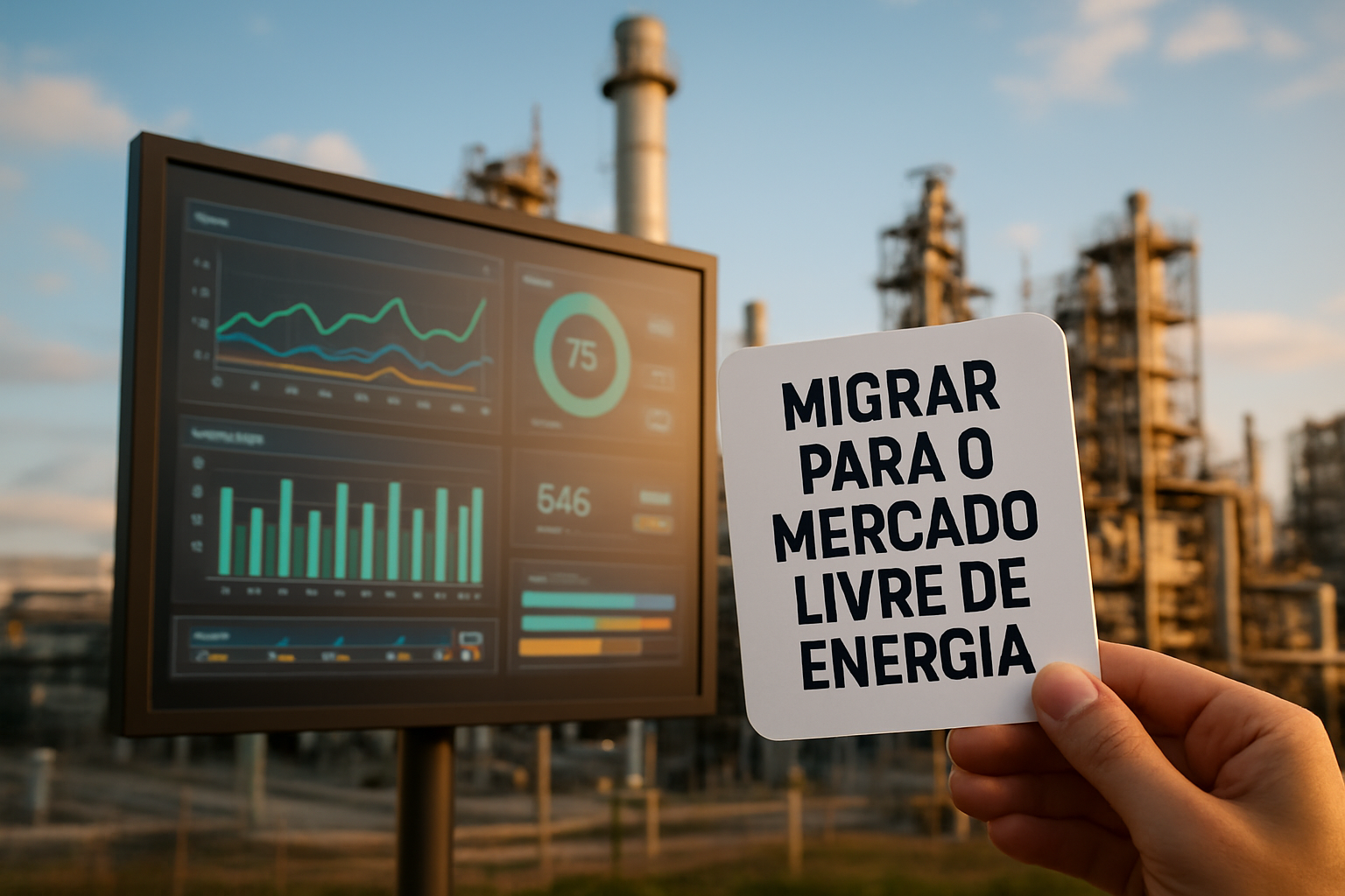 planta industrial com painel de monitoramento e etiqueta como migrar para o mercado livre de energia