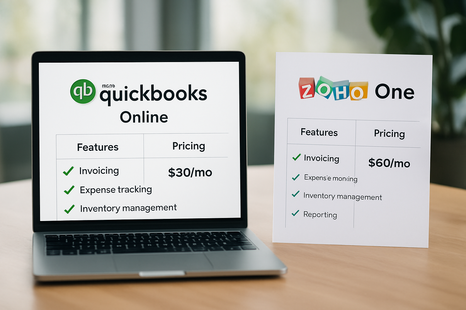 Side-by-side comparison of QuickBooks Online vs Zoho One compare showing features and pricing for 2026