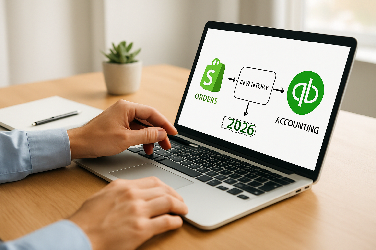 workflow diagram showing best Shopify QuickBooks integration connecting orders inventory and accounting 2026