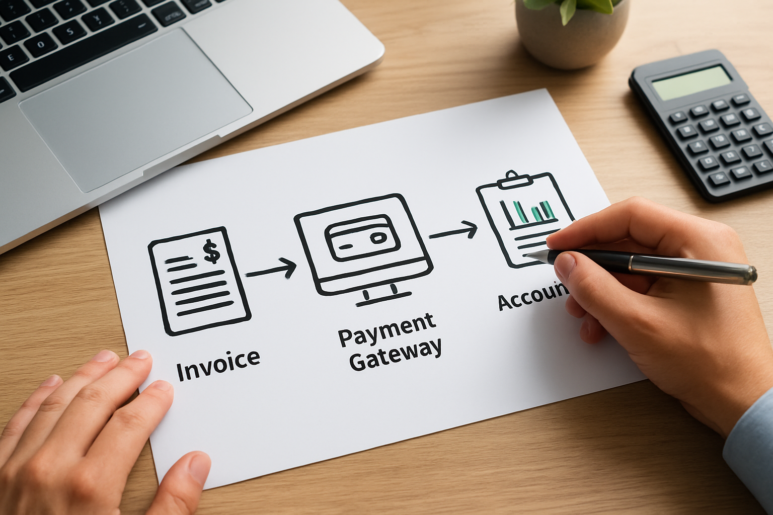 diagram showing how invoicing and payment integration works with invoices, gateway, and accounting
