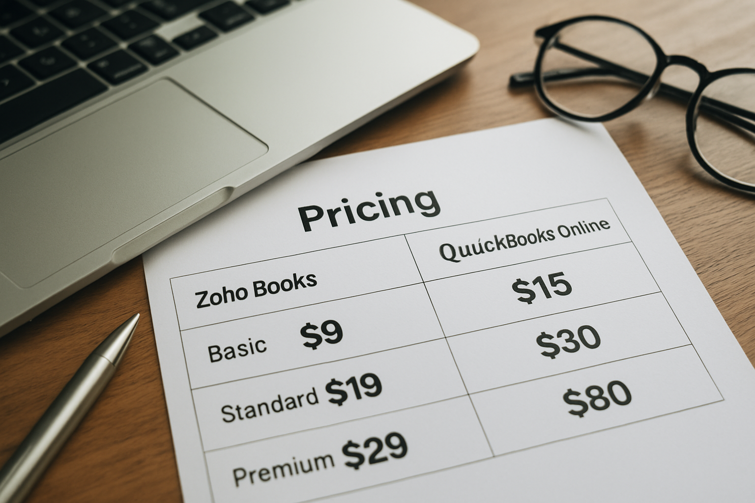 Pricing tiers compared in 2026: Zoho Books vs QuickBooks Online pricing, headline differences
