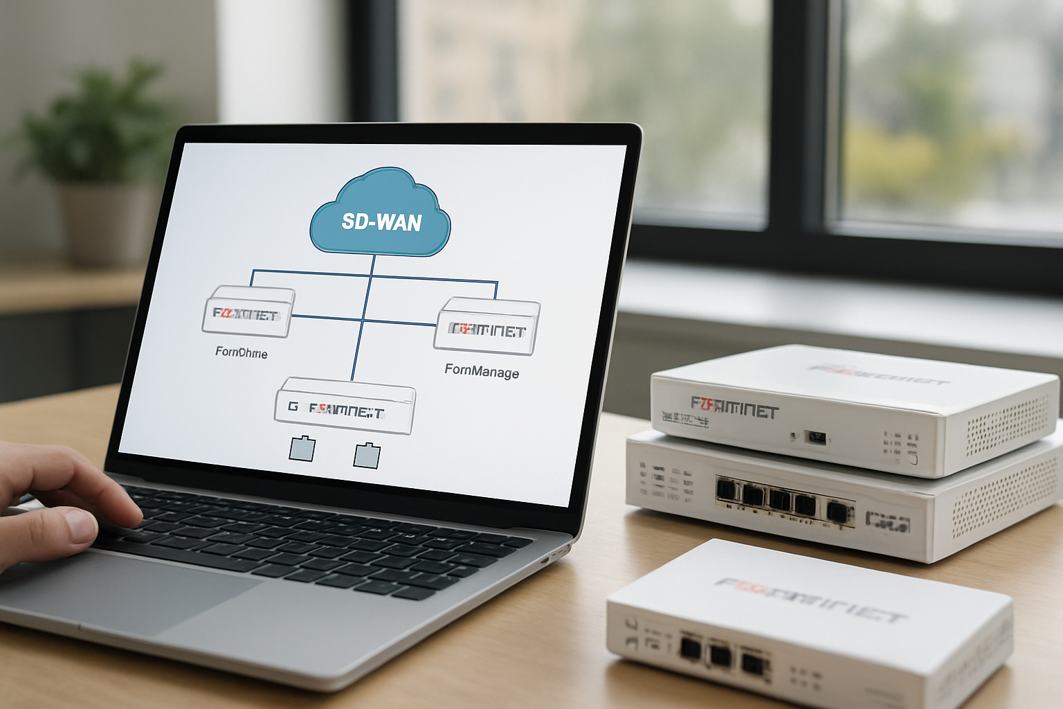 Diagrama de implantação SD-WAN Fortinet com FortiGate e FortiManager para 2026