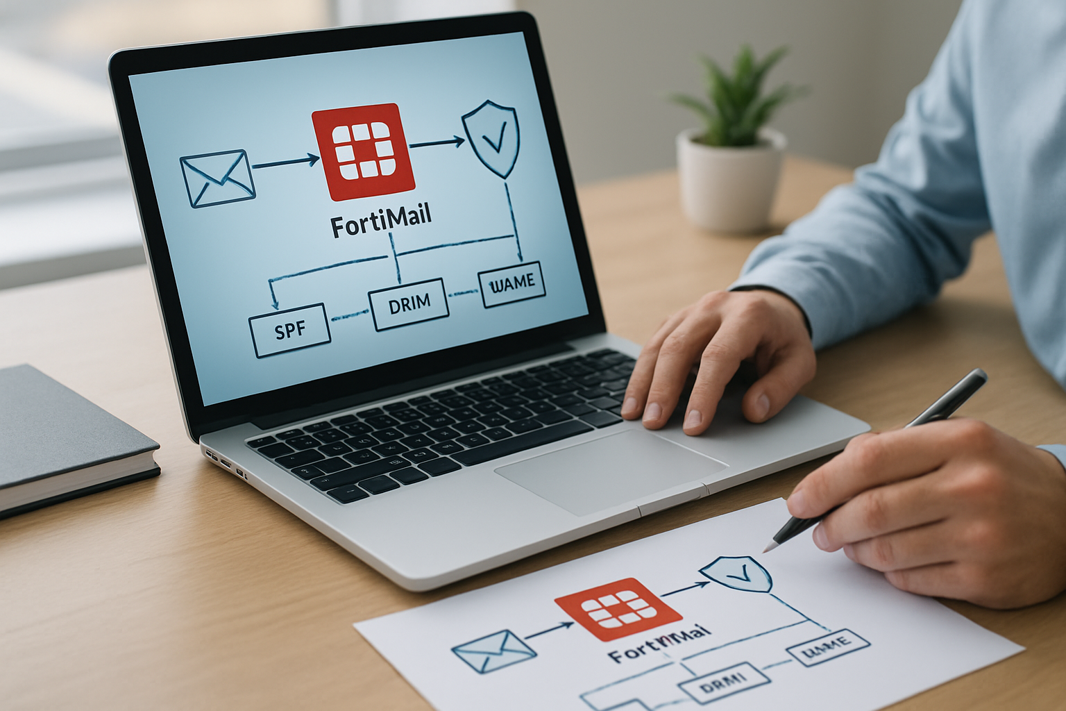 Diagrama de arquitetura de segurança de e-mail Fortinet com FortiMail e autenticação SPF DKIM DMARC