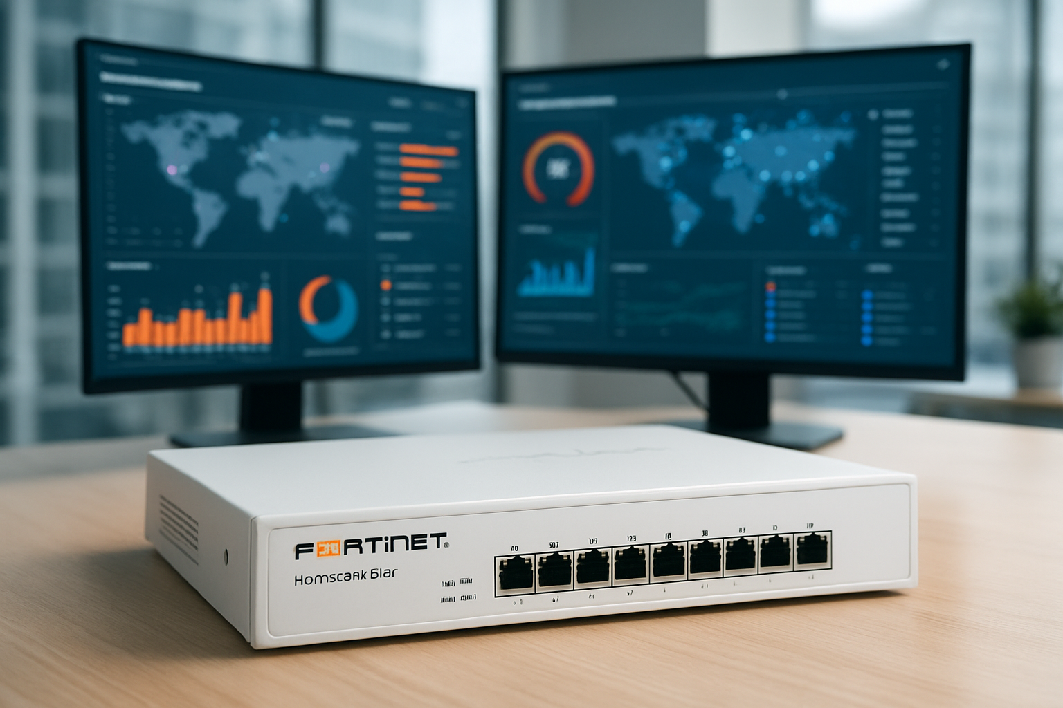 FortiGate 80F em ambiente corporativo com dashboards de segurança e proteção de rede em 2026