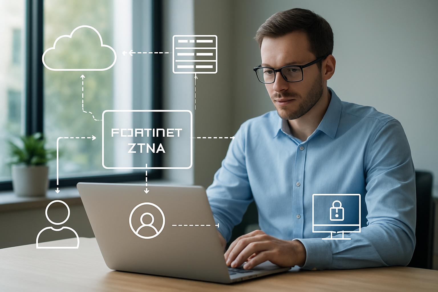Arquitetura de rede com Fortinet ZTNA protegendo usuários remotos e aplicações em 2026