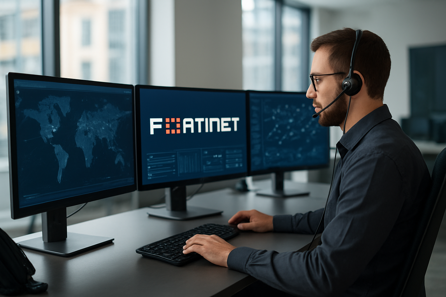 Plataforma de operações de segurança com suporte Fortinet 24x7 monitorando rede corporativa