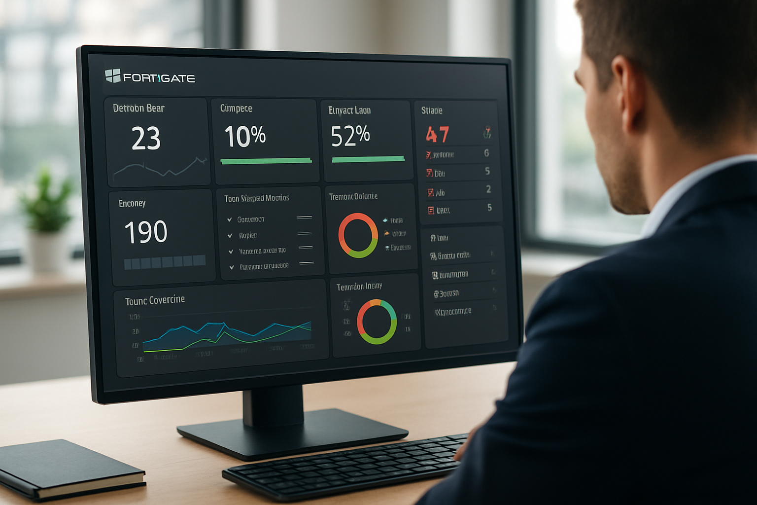 Painel de monitoramento com logs e alertas de monitoramento FortiGate para rede corporativa