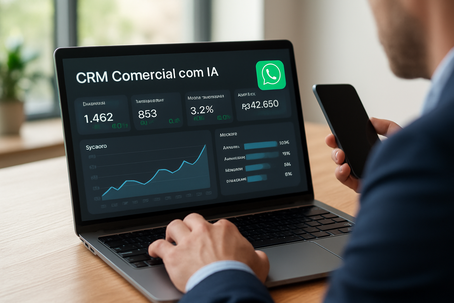 dashboard de vendas com CRM comercial com IA mostrando métricas e integração com WhatsApp