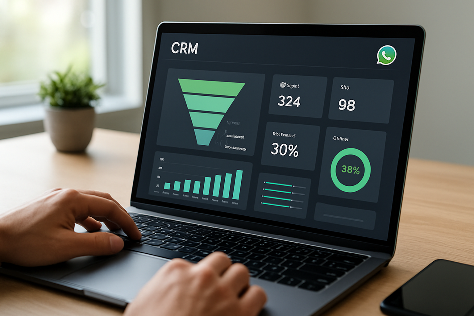 Dashboard de crm para vendas no whatsapp mostrando funil e métricas