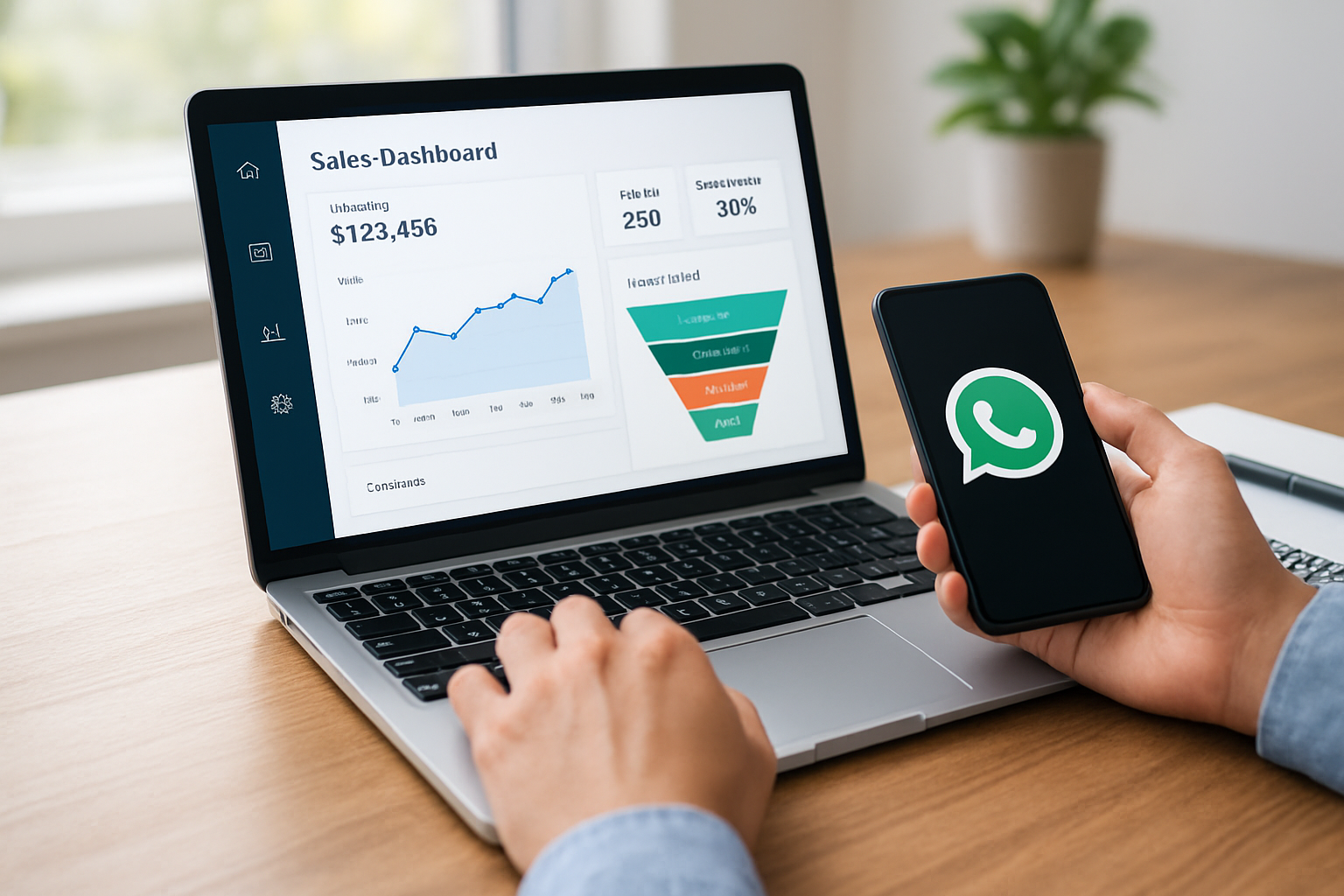 Dashboard de vendas com integração whatsapp crm mostrando métricas e funil