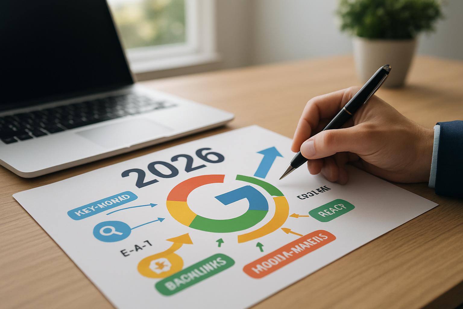 Ilustração estratégica sobre fatores de ranqueamento do Google em 2026 para SEO