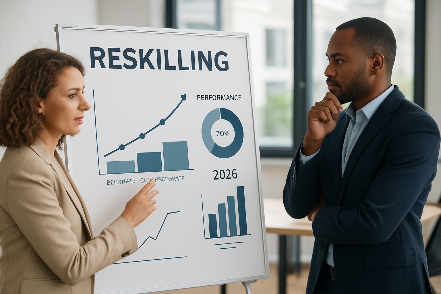 reskilling para empresas com líderes analisando trilha de capacitação e métricas de desempenho em 2026