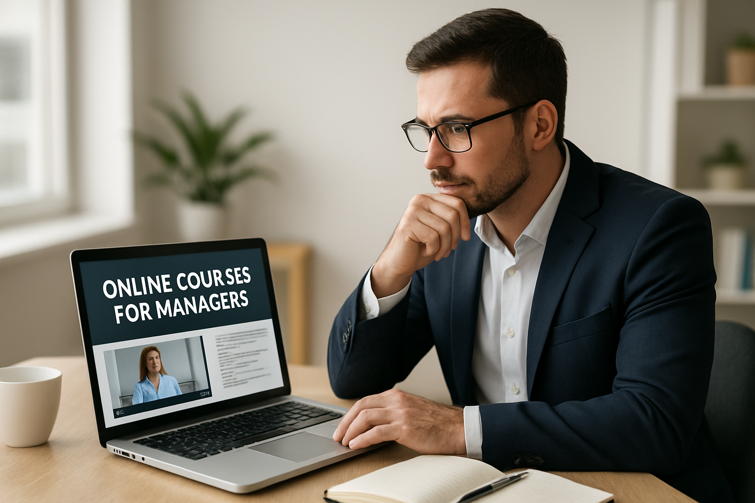 gestor consultando material de cursos online para gestores com foco em aplicação