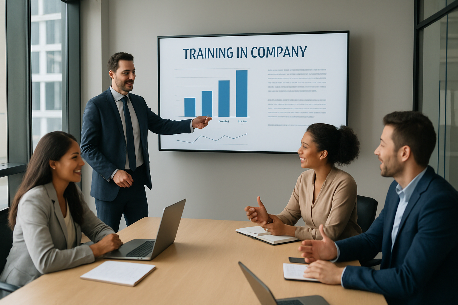sala corporativa com apresentação sobre treinamento in company preço 2026 e participantes em discussão